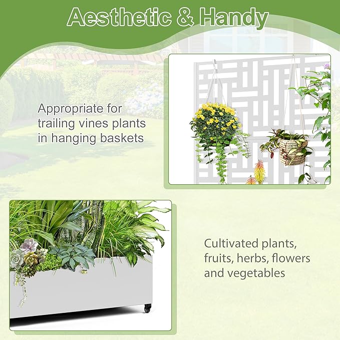 Raised Garden Bed with Trellis and Wheels,73"x47"x16" Metal Raised Garden Bed,White Modern Metal Planter with Climbing Trellis for Vines & Vegetables