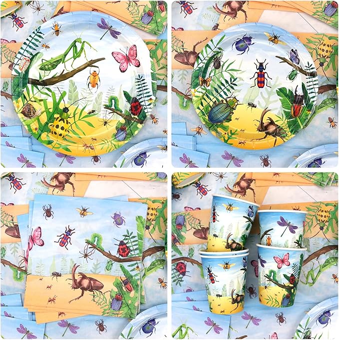 Insect Party Supplies - Bugs Party Tableware - Dinner Plates Desserts Plates Cups Napkins Bugs Insect Tablecover Straws for Class Office Garden Reptile Baby Shower Decorations, Serves 40