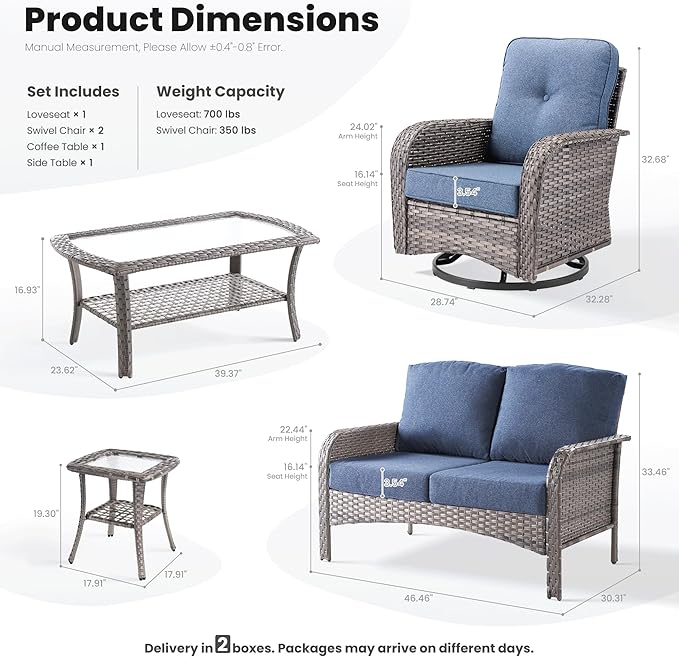 ovios 5 Pieces Patio Furniture Set, Outdoor Wicker Sofa with Swivel Chairs, Coffee Table, All Weather High Back Rattan Loveseat Couch with Comfy Cushions, Denim Blue