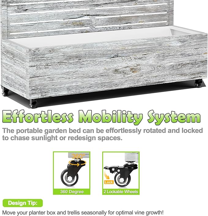 15.7"×70.9"×47.2" Metal Raised Garden Bed with Trellis and Wheels - Tall Trellis Planter Box for Climbing Plants, Vegetables & Vines - Outdoor Privacy Planters for Patio (White Oak Grain)