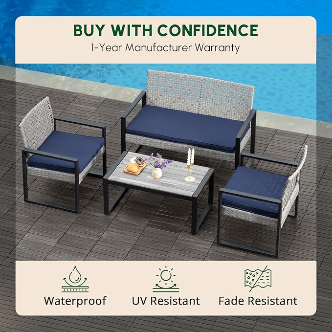 BEEFURNI Wicker Patio Furniture Outdoor Conversation Set of 4, Acacia Wood Table, 2 Rattan Chairs, 1 Loveseat, 2” Cushions, All-Weather, Easy Assembly, 1-Year Manufacturer Warranty (Gray)