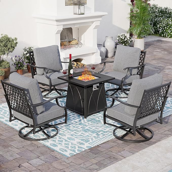 5 Piece Metal Outdoor Patio Furniture Set with Fire Pit Table, Patio Conversation Sets 4 Swivel Chairs with 5.75" Thick Cushion and 5000 BTU Fire Pit Table, Backyard Furniture, Gray