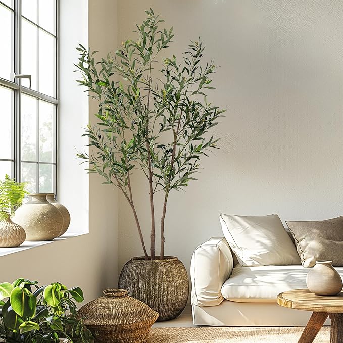 6FT Artificial Olive Tree Tall Faux Silk Plant Tall Faux Olive Tree with Natural Wood Trunk & Lifelike Fruits Fake Potted Tree or Home Office Decor