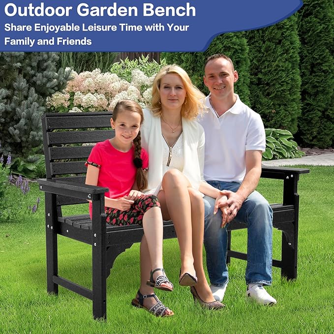 Outdoor Bench Weatherproof - HDPE 2-Person Garden Bench with Cup Holders, Bench Furniture with Backrest and Armrests, 700 lbs Capacity, Patio Park Bench for Front Porch Backyard Park (Black)