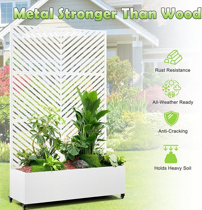 15.7"×70.9"×47.2" Metal Raised Garden Bed with Trellis and Wheels - Tall Trellis Planter Box for Climbing Plants, Vegetables & Vines - Outdoor Privacy Planters for Patio (White-Parallel)