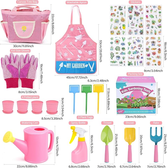 Kids Gardening Tools Set with Tote Bag – 13Pcs Garden Toy Kit for Toddlers, Includes Metal Shovel, Rake, Trowel, Watering Can, Gloves, Pots, Apron, DIY Bookmark & 3D Garden Stickers