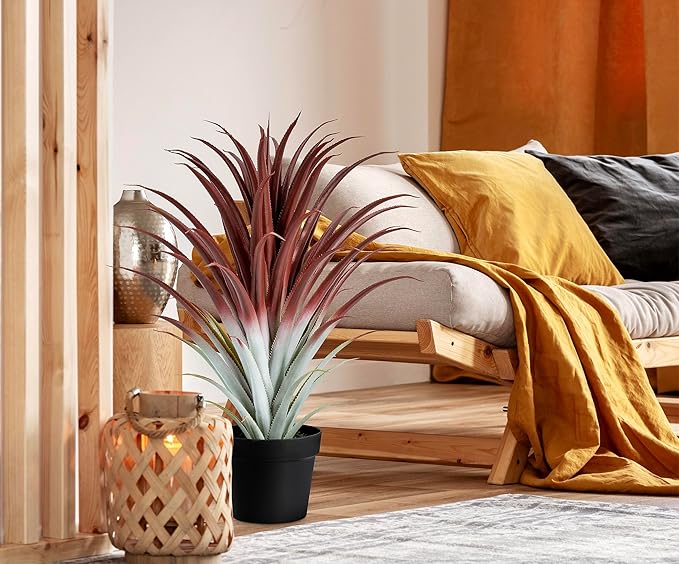 SUNPRAIRIE Hyper Realistic Big Red Artificial Aloe Vera Plant 26 Inches Tall. Large Faux Agave in Matte Black Pot.
