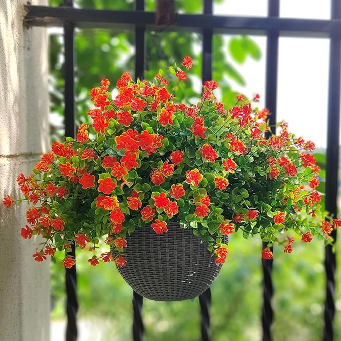 12 Bundles Artificial Flowers for Outdoors, UV Resistant Fake Flowers with Plastic Plants, Faux Flowers for Outside Window Box Front Porch Hanging Planter Decor(Orange Red)