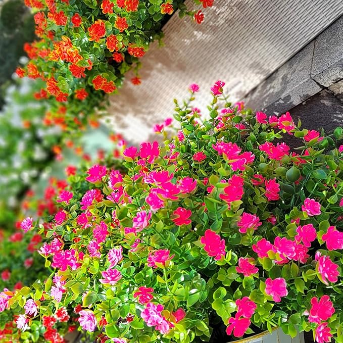 12 Bundles Artificial Flowers for Outdoors, UV Resistant Fake Flowers with Plastic Plants, Faux Flowers for Outside Window Box Front Porch Hanging Planter Decor (Pink)