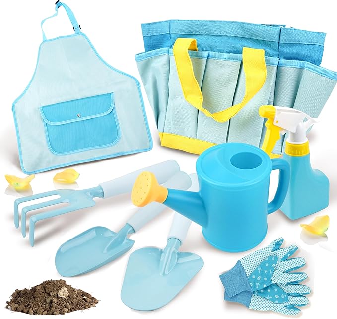 SMILESSKIDDO Kids Gardening Set - Toddler Garden Tool Set with Shovel Rake Trowel, Apron Tote Bag Watering Can and Tool Bag, Ideal Kids Gardening Tools Toy for Boys and Girls (Blue)