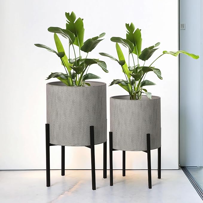 ARNIS Modern Plant Pots, Set of 2 Large Planters with Stand, Decorative Planters, Metal Pots with Drainage Holes for Living Room, Office, Garden or Balcony, 10.5 &12.55 Inch, Dark Cement Matte
