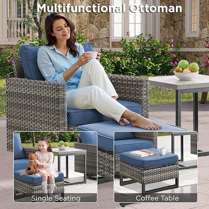 6 Pieces Patio Furniture Set-All Weather Outdoor Swivel Rocker Patio Chairs with Deep Seat Sofa Ottomans and Glass Side Table, Outdoor Conversation Sets for Garden Backyard Deck(Grey/Blue)