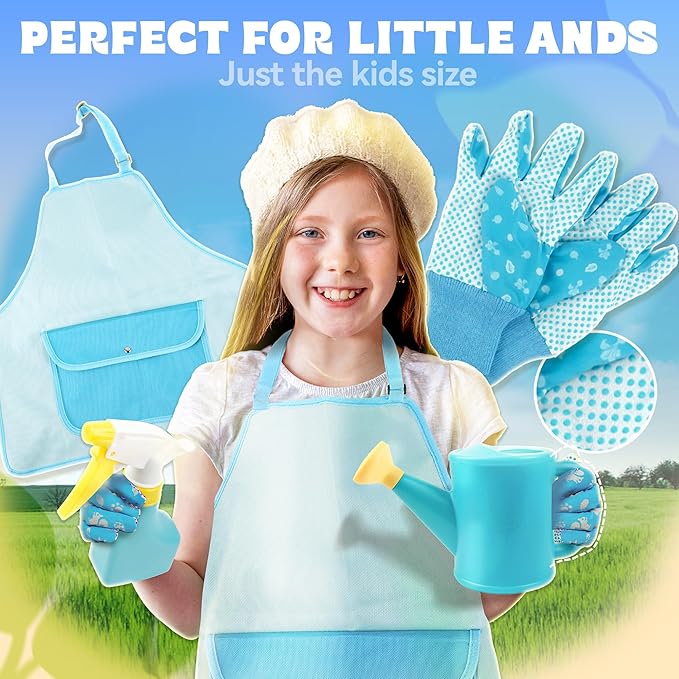 SMILESSKIDDO Kids Gardening Set - Toddler Garden Tool Set with Shovel Rake Trowel, Apron Tote Bag Watering Can and Tool Bag, Ideal Kids Gardening Tools Toy for Boys and Girls (Blue)