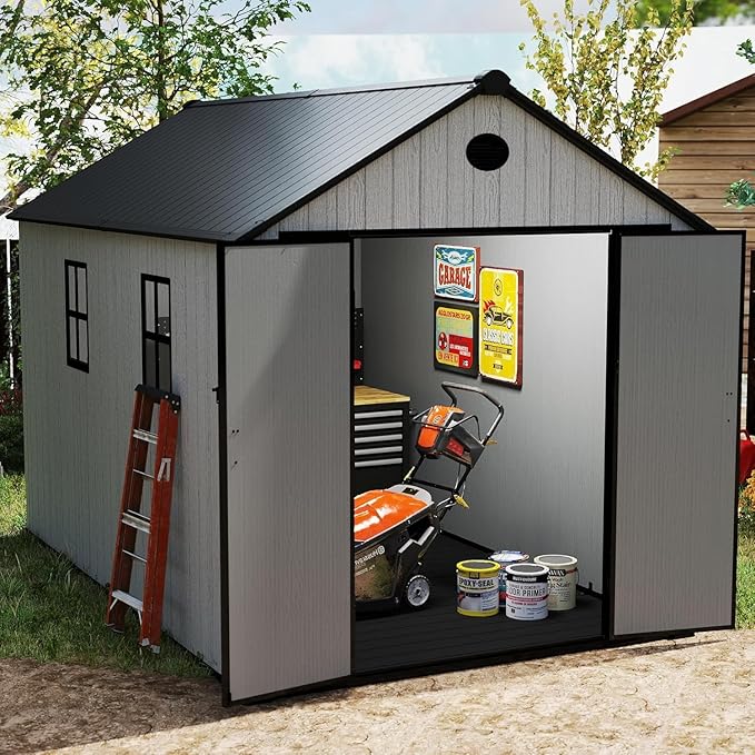 7.3 x 12 FT Shed Resin Outdoor Storage with Floor, 566 cuft Plastic Shed with Window and Lockable Door for Garden, Backyard, with Wood Texture, Grey
