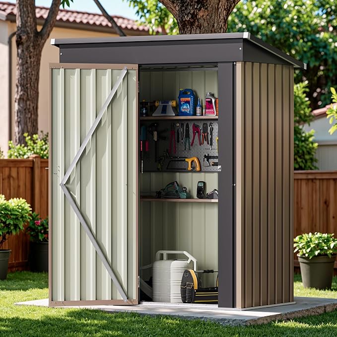 Devoko Outdoor Storage Shed 5 x 3 FT Lockable Metal Garden Shed Steel Anti-Corrosion Storage House with Single Lockable Door for Backyard Outdoor Patio (Brown)