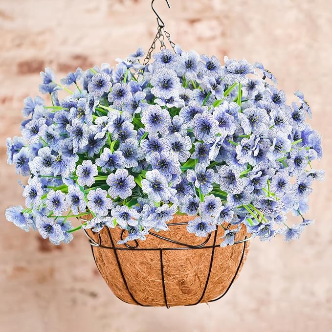 Uieke 72 Bundles Artificial Flowers for Outdoors UV Resistant Fake Flowers No Fade Faux Greenery Plastic Plants for Garden Porch Window Box Home Party Wedding Spring Summer Decor (Blue)