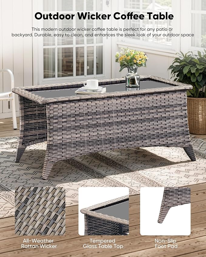 7-Piece Outdoor Wicker Patio Furniture Set with Swivel Glider Chairs, 3-Seat Sofa, Coffee Table & Ottomans 5” Olefin Cushions Ergonomic Neck-Lumbar Backrest All-Weather Rattan for Garden, Deck, Porch