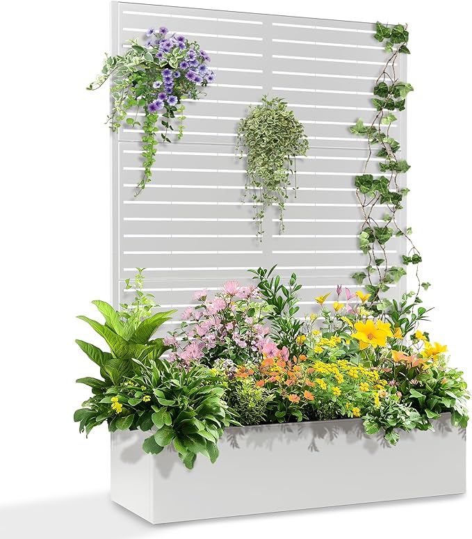 71"x47"x16" Metal Planter Box with Trellis, Raised Garden Bed with Trellis, Trellis with Planter Box & Privacy Screen for Climbing Plants, Vegetable, Vines(White, Louvered)