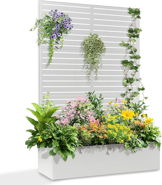 71"x47"x16" Metal Planter Box with Trellis, Raised Garden Bed with Trellis, Trellis with Planter Box & Privacy Screen for Climbing Plants, Vegetable, Vines(White, Louvered)