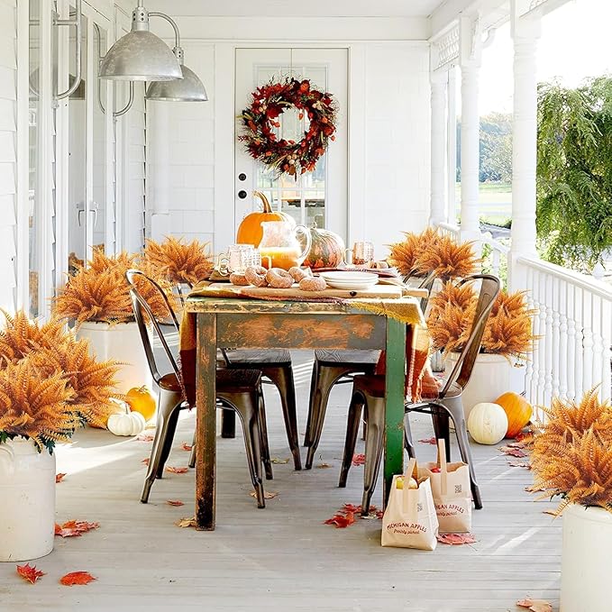 Uieke 48 Bundles Artificial Boston Fern Fall Plant Fall Decor Outdoor UV Resistant No Fade Faux Plastic Greenery Bushes for Home Fall Front Door Porch Garden Autumn Decor