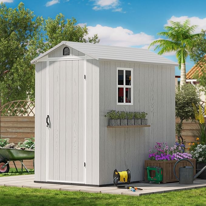 Patiowell 4' x 6' Outdoor Storage Shed with Floor, Plastic Shed Outside Resin Tool Shed with Window and Lockable Door for Backyard Garden Patio Lawn, White (Fit-it Shed)