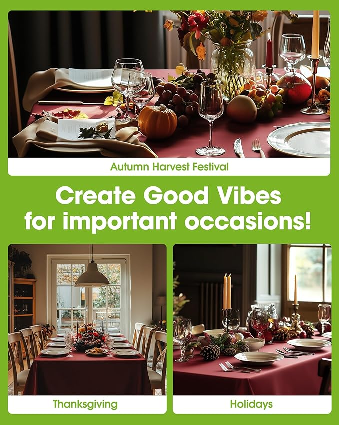 Pureegg Plastic Table Cloth Disposable 8 Pack, 54 x 108 Inch Table Cloths, Party, Thanksgiving Decorations, Harvest, Fall Tablecloths, Rectangle, Maroon Plastic Cover, Leakproof & Sturdy, Burgundy