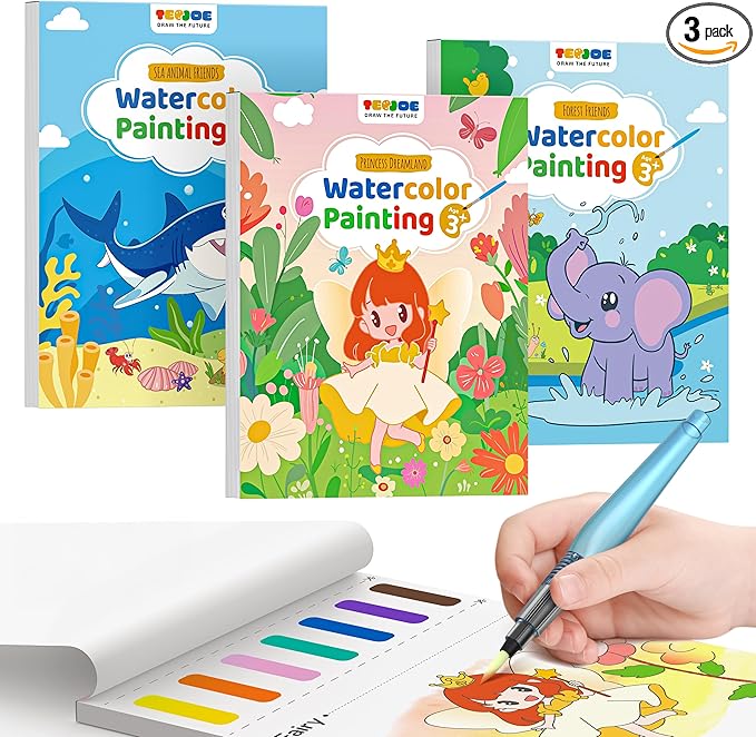 TECJOE 3 Pack Paint with Water Coloring Books for Toddlers, Watercolor Painting Set with 6 Brushes, Travel Activities for Kids Ages 1-3 4-8, Birthday Gifts Arts & Crafts Toy, Princess, Forest & Sea
