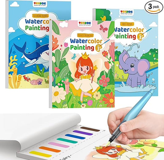 TECJOE 3 Pack Paint with Water Coloring Books for Toddlers, Watercolor Painting Set with 6 Brushes, Travel Activities for Kids Ages 1-3 4-8, Birthday Gifts Arts & Crafts Toy, Princess, Forest & Sea