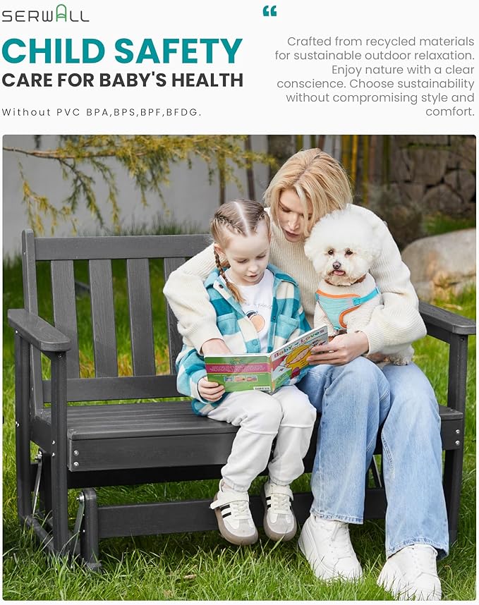 SERWALL Outdoor Glider Bench Set of 2, HDPE Weather-Resistant Swinging Bench for Backyard Garden Porch, Grey