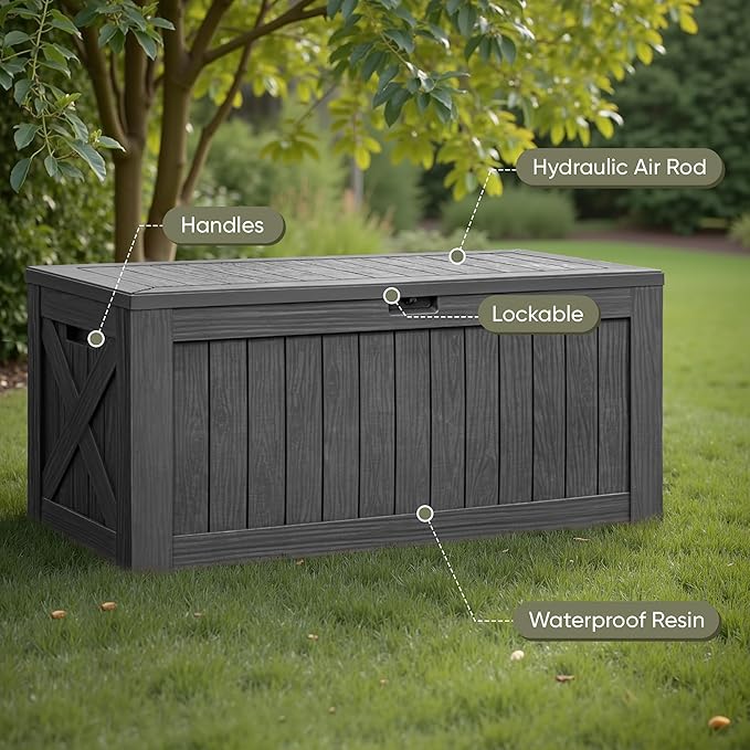 Flamaker Resin Deck Box 120 Gallon Waterproof Large Outdoor Indoor Storage Box Imitation Wood Resin for Patio Furniture Garden Tools and Pool (Gray)