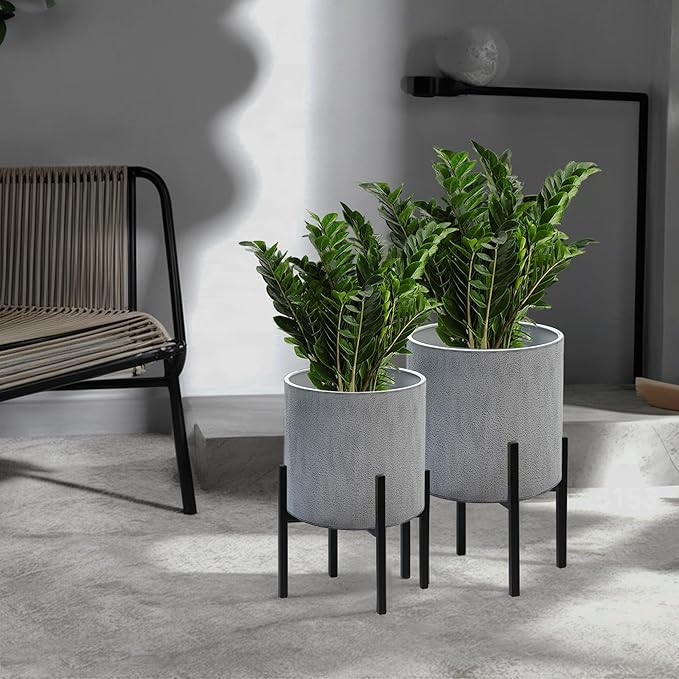 ARNIS Modern Plant Pots, Set of 2 Large Planters with Stand, Decorative Planters, Metal Pots with Drainage Holes for Living Room, Office, Garden or Balcony, 8.25 &10.5 Inch, Dark Cement Matte