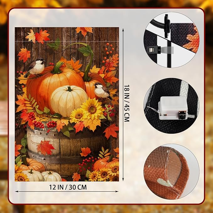 Fall Thanksgiving Pumpkin Garden Flag with LED Lights, Halloween 12 x 18 Inch Double Sided Vertical Burlap Cardinals Bird Fall Garden Flag for Seasonal Holiday Outdoor Yard Decoration