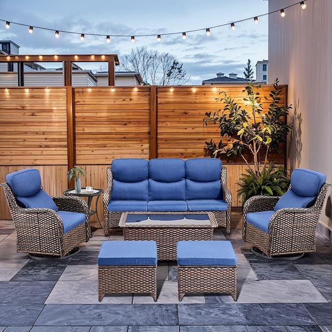 7-Piece Outdoor Wicker Patio Furniture Set with Swivel Glider Chairs, 3-Seat Sofa, Coffee Table & Ottomans 5” Olefin Cushions Ergonomic Neck-Lumbar Backrest All-Weather Rattan for Garden, Deck, Porch