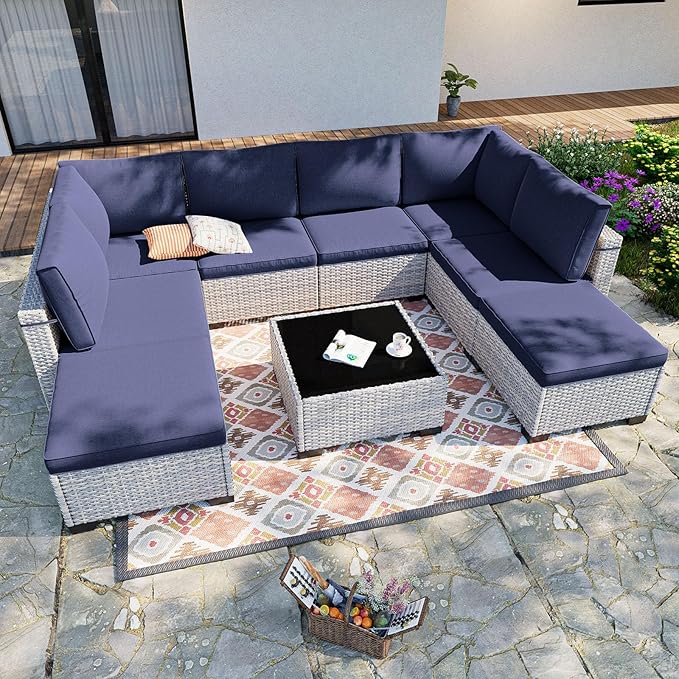 9-Piece Patio Furniture Set, Outdoor Sectional with Ottomans, Modular Patio Sofa, Dual-Strand Wicker Rattan, Rust-Resistant Frame, Backyard Furniture for Garden, Deck, Navy Blue