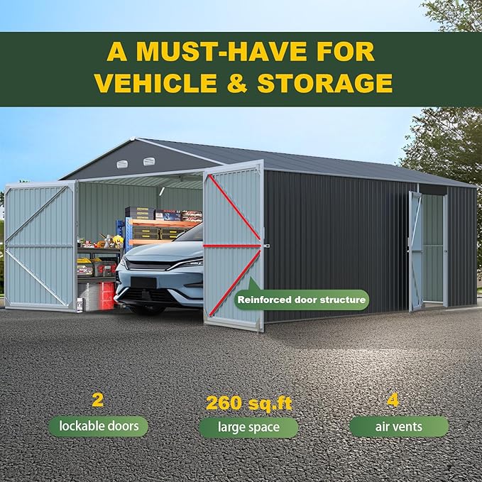 Metal Garage Shed 20x13 FT, Sheds & Outdoor Storage Clearance, Outdoor Storage Shed for Car, Truck, Bike, Lawnmower, Backyard Tool House Building 2 Doors and 4 Vents Dark Gray