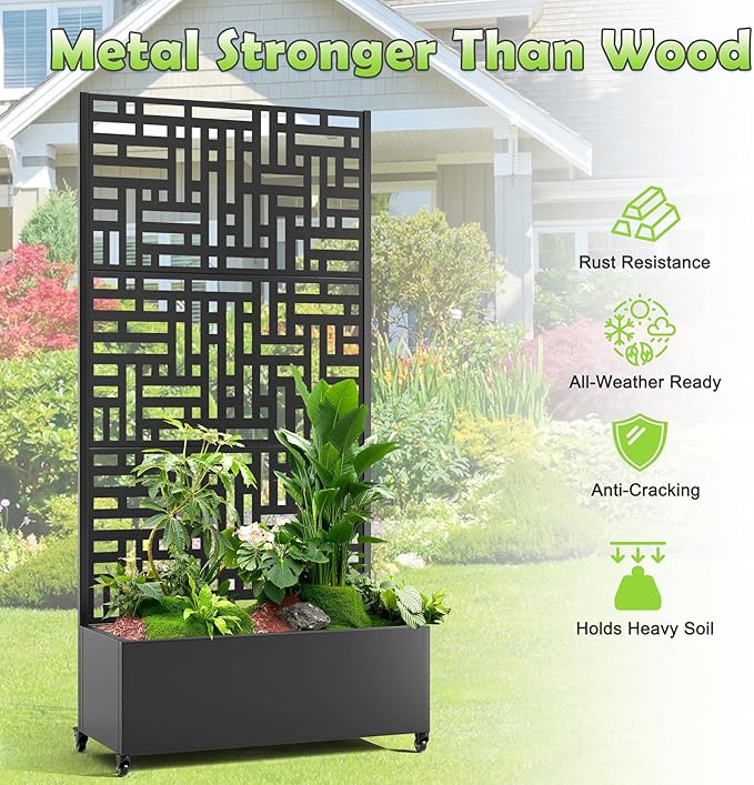 15.7"×70.9"×35.4" Metal Raised Garden Bed with Trellis and Wheels - Tall Trellis Planter Box for Climbing Plants, Vegetables & Vines - Outdoor Privacy Planters for Patio (Black-Helen)