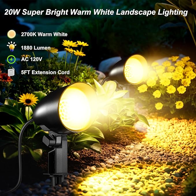 20W Outdoor LED Landscape Lighting Spot Lights Outdoor 1880LM IP66 Waterproof Landscape Lights for Pathway Patio Yard Lawn Decorative 120V US 3-Plug 2 Packs