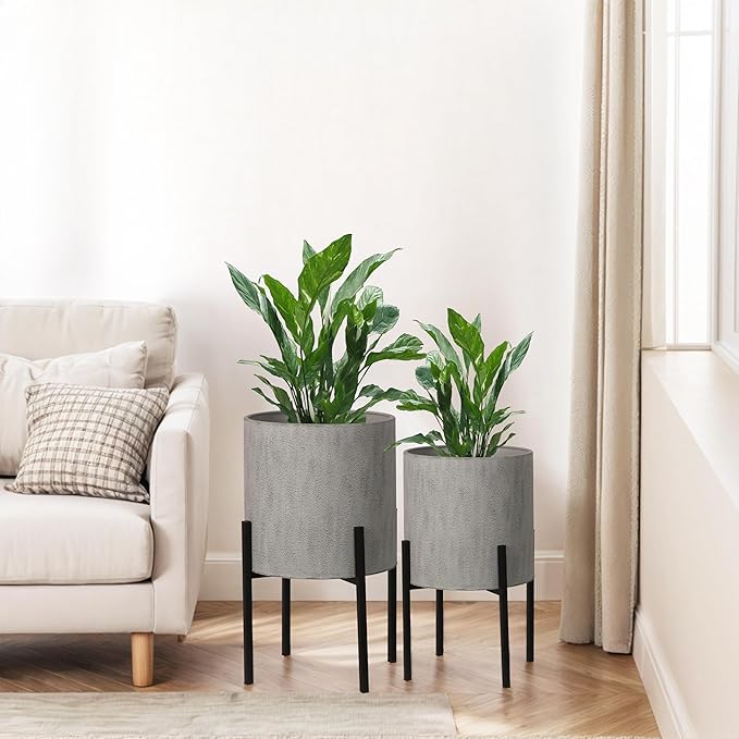 ARNIS Modern Plant Pots, Set of 2 Large Planters with Stand, Decorative Planters, Metal Pots with Drainage Holes for Living Room, Office, Garden or Balcony, 10.5 &12.55 Inch, Dark Cement Matte