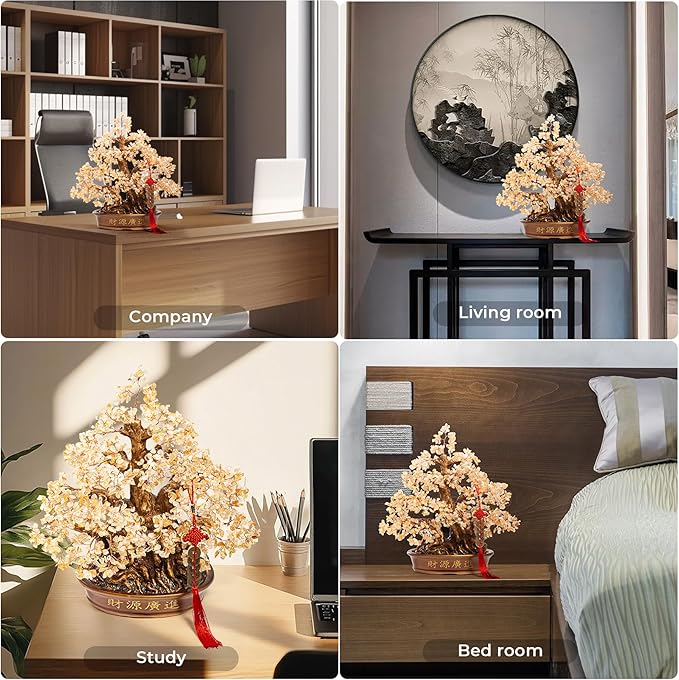 Natural Citrine Gemstone Crystal Bonsai Tree of Life （1,300 Gemstone Count） Large Feng Shui Money Chakra Tree for Luck and Wealth Desk Decoration 18 Inches