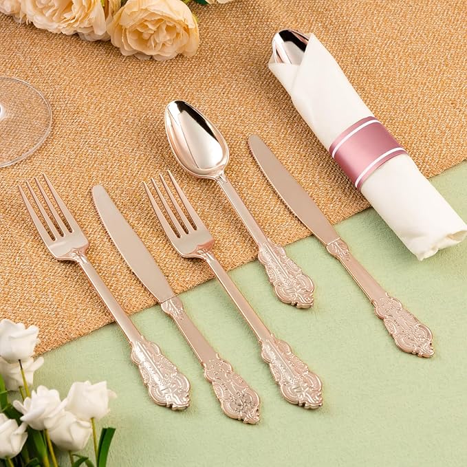 150PCS Rose Gold Plastic Silverware for 50 Guests, Heavy Duty Rose Gold Disposable Utensils Sets, Includes 50 Forks, 50 Spoons, 50 Knives, Elegant Cutlery Perfect for Party, Wedding