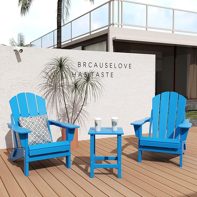 WO Home Furniture Adirondack Chairs Table Set of 3 PCS Outdoor Folding Chairs Side End Table Weather/UV Resistant for Lawn, Garden, Bon Fire, Balcony (Pacific Blue)