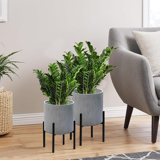 ARNIS Modern Plant Pots, Set of 2 Large Planters with Stand, Decorative Planters, Metal Pots with Drainage Holes for Living Room, Office, Garden or Balcony, 8.25 &10.5 Inch, Dark Cement Matte