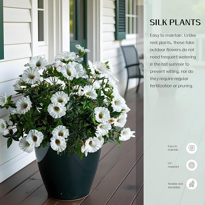 UV Resistant Artificial Petunias Fake Flowers Artificial Flowers for Outdoors Silk Flowers Fake Hanging Basket Plants Suitable for Outdoor Porch Decoration Patio Decor 13.3In (4PCS,White)