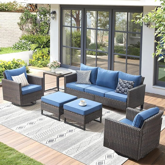 6 Pieces Patio Furniture Set-All Weather Outdoor Swivel Rocker Patio Chairs with Deep Seat Sofa Ottomans and Glass Side Table, Outdoor Conversation Sets for Garden Backyard Deck(Brown/Blue)