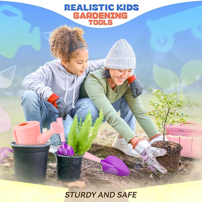 SMILESSKIDDO Kids Gardening Set - Toddler Gardening Set with Shovel Rake Trowel, Apron Tote Bag Watering Can for Kids Gardening Tools - Ideal Kids Gardening Tools Gift for Boys and Girls(Pink)