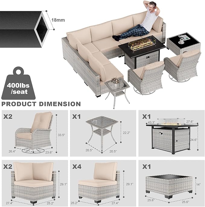 11-Piece Patio Furniture Set, Outdoor Patio Furniture with 55,000 BTU Fire Pit Table, Swivel Chairs Set, Thick Cushions, Modular Patio Sofa, Dual-Strand Wicker Rattan, Rust-Resistant Frame, Sand