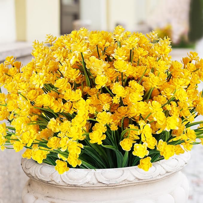 Artificial Fake Flowers, 16 Bundles Outdoor UV Resistant Greenery Shrubs Plants Indoor Outside Hanging Planter Home Garden Decorating (Yellow-Daffodil)