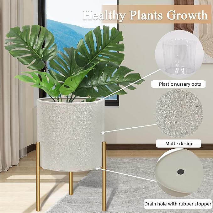 ARNIS Modern Planter Pots, Large Planters with Stand, Set of 2 Metal Planters for Plants with Drainage Holes for Living Room, Office, Garden or Balcony, 8.25 &10.5 Inch, Grey