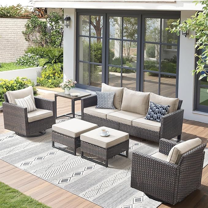 6 Pieces Patio Furniture Set-All Weather Outdoor Swivel Rocker Patio Chairs with Deep Seat Sofa Ottomans and Glass Side Table, Outdoor Conversation Sets for Garden Backyard Deck(Brown/Beige)