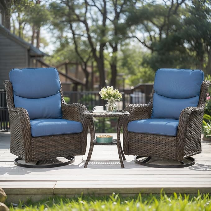 HUMMUH High Back Outdoor Swivel Rocker Patio Chairs Set of 2, with 5-Inch Thick Cushions and Side Table, Ideal for Porch,Poolside, Deck, and Yard